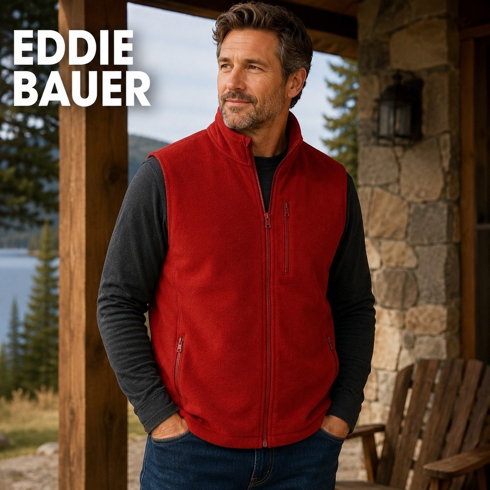Eddie Bauer Mens Windcutter Fleece Vest Red Full Zip Multi Pocketed XL Autumn